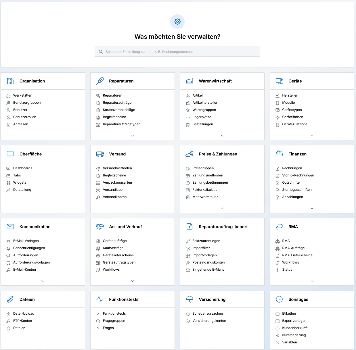 Einstellungsmenü mit den Bereichen Organisation, Reparaturen, Warenwirtschaft, Geräte, Versand, Finanzen und mehr