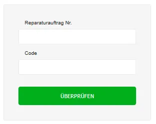 Formular auf der Website, in dem Kunden Reparaturauftrag-Nummer und Code eingeben